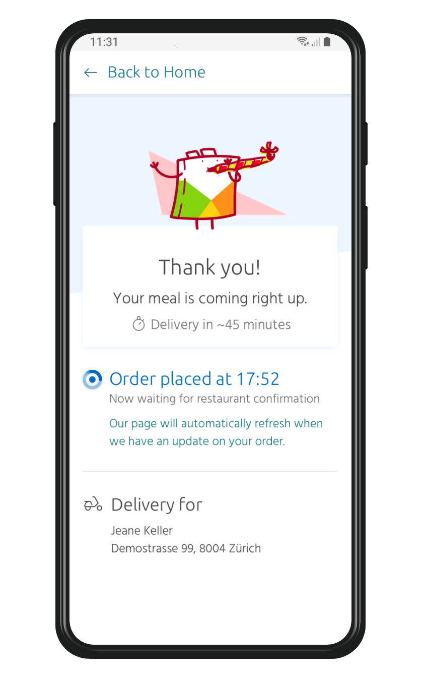 Mobile screen showing that the user's order has been placed.