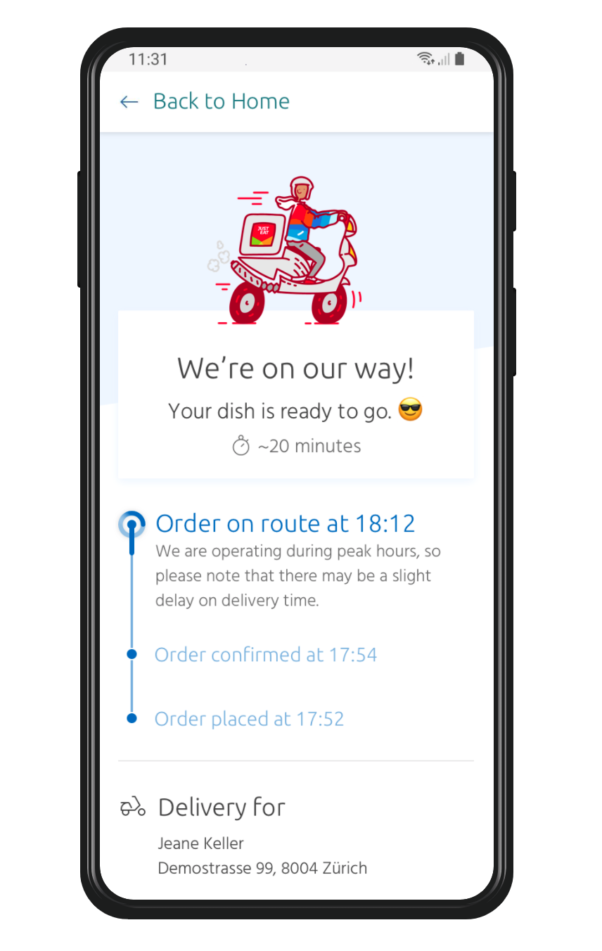 Mobile screen showing that the order is on its way