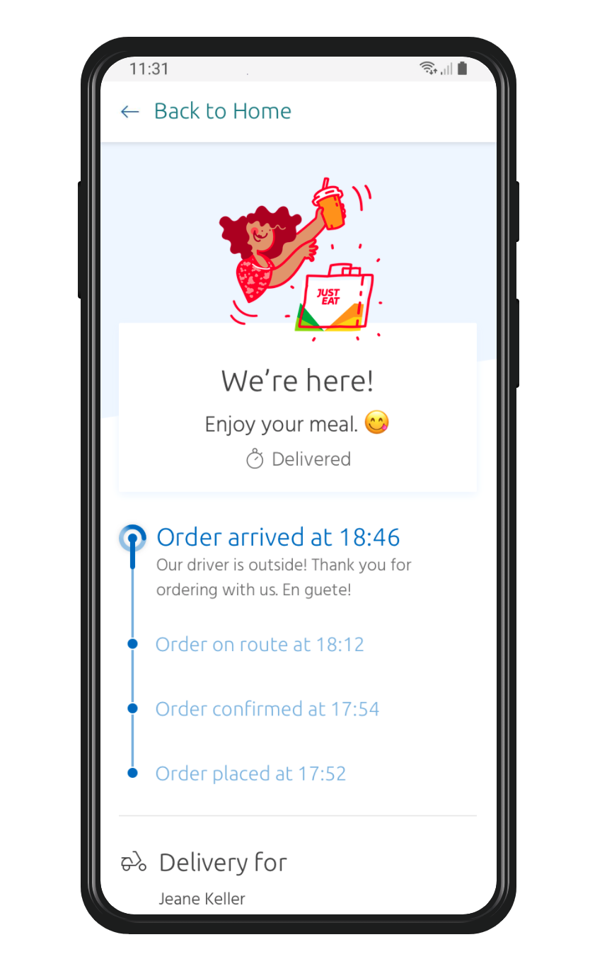 Mobile screen showing that the order has arrived.